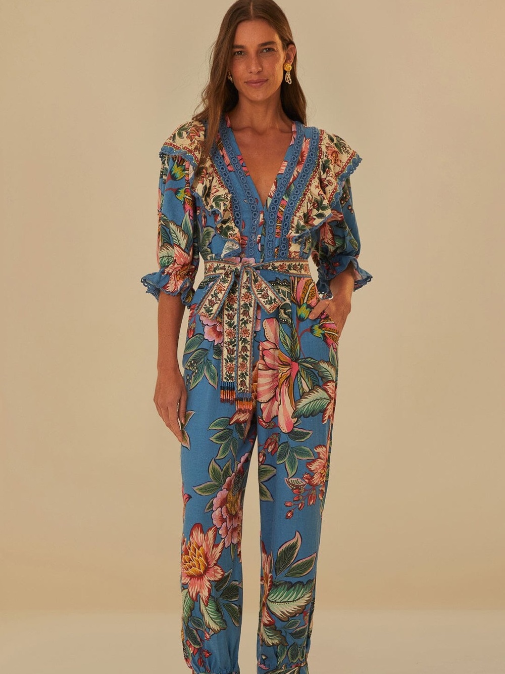 Farm Rio Blue Wonderful Bouquet Crochet trim floral Jumpsuit XL NWT MSRP $265